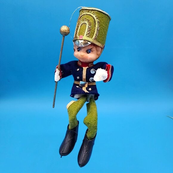 Vintage 1950s Elf Toy Soldier Ornament • Blue Red Green Felt with Velvet Gold Tr - Picture 2 of 10